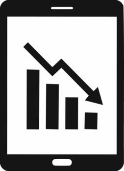 Tablet displaying a downward trending bar chart and arrow icon vector