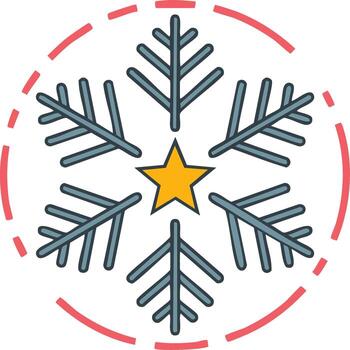 estilizado copo de nieve icono con un amarillo estrella a sus núcleo dentro un rojo rayado circulo vector