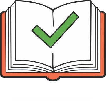 icon of an open book with a green checkmark. Symbol of approved information, passed exam, and rule compliance vector