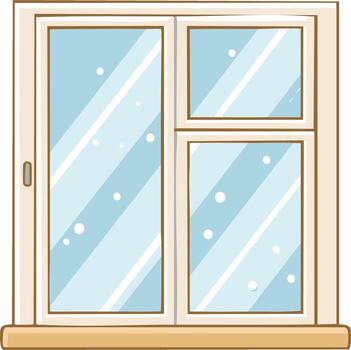 Simple cartoon window frame with multiple glass panes and subtle falling snow illustration vector