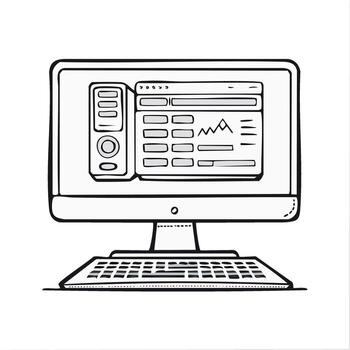 ilustración de un computadora monitor con teclado, pantalla muestra cartas y datos vector