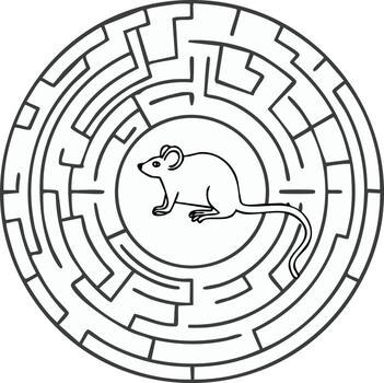 Cartoon mouse centered in a complex circular maze game line art illustration vector