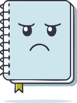 triste cuaderno con cara ilustración, diario con espiral vinculante, papelería artículo, dibujos animados personaje con ceñudo facial expresión vector