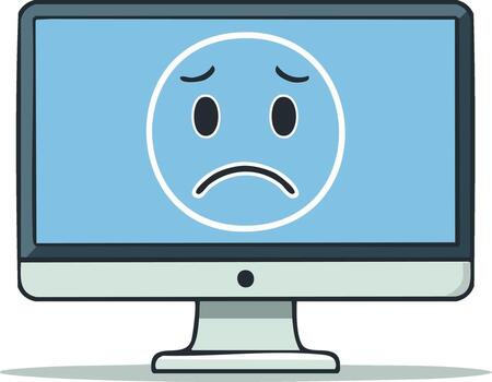 Sad Computer Monitor with Sad Emoji Displaying on Blue Screen Showing Error vector