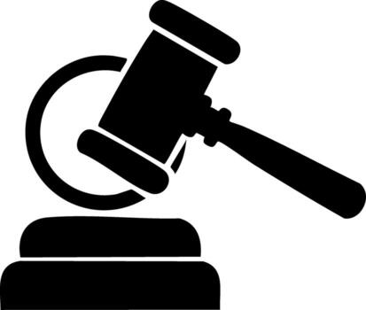 Black silhouette of a judge's gavel striking a sound block with a ringing circle vector