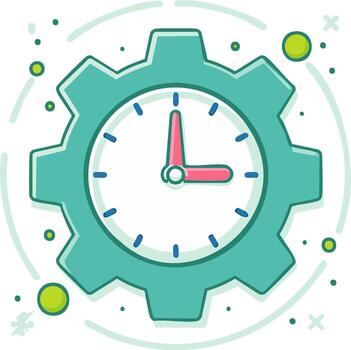Vibrant cartoon clock face embedded in a teal gear symbolizing time management efficiency and productivity vector