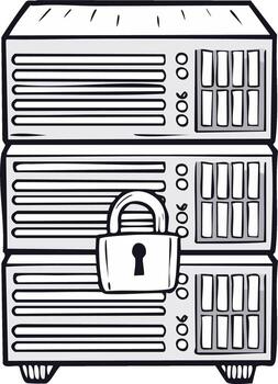 Server rack secured with a padlock symbolizing data protection and cybersecurity vector