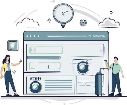 Online laundry service application concept with users managing smart washing machines via a web interface vector