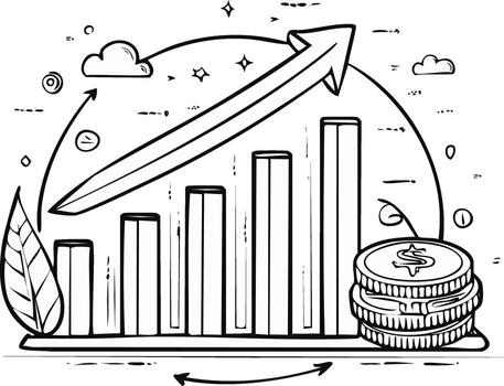 Doodle illustration of a financial bar chart with upward arrow and stack of dollar coins vector