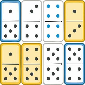 Collection of eight colorful dominoes with black and blue dots arranged in rows vector