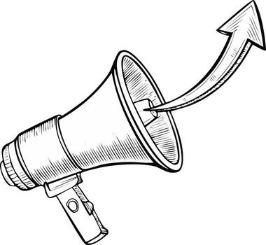 Hand drawn megaphone amplifying a message of growth with an upward arrow sketch vector