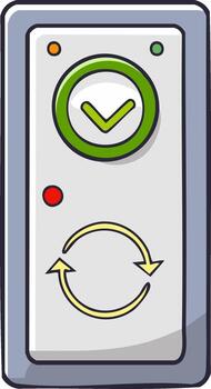 Cartoon interface panel with a green checkmark, a circular arrows, and indicator lights on a gray base vector