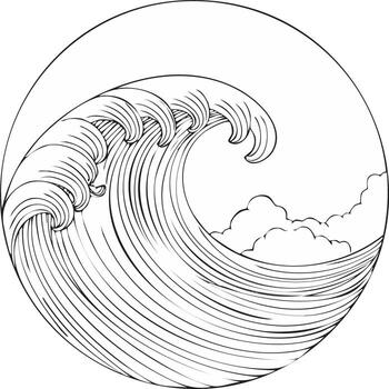 Stylized Japanese wave illustration in a circular frame with foamy crests and clouds vector