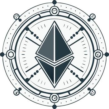 Stylized Ethereum crypto symbol inside a futuristic technical network emblem vector