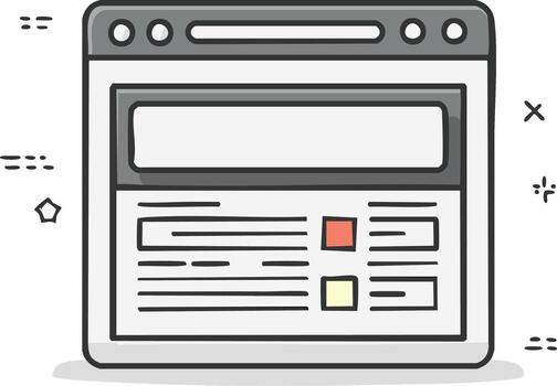 Stylized web browser window with search bar and website content layout vector