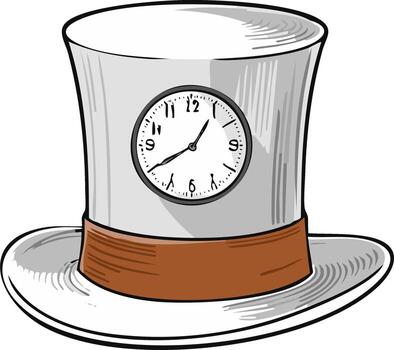 Cartoon top hat with a clock on its side displaying the time, whimsical, symbolic, and illustrative rendering vector