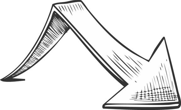 Hand Drawn Arrow Graphic Pointing Downward and to the Right in Sketch Style vector