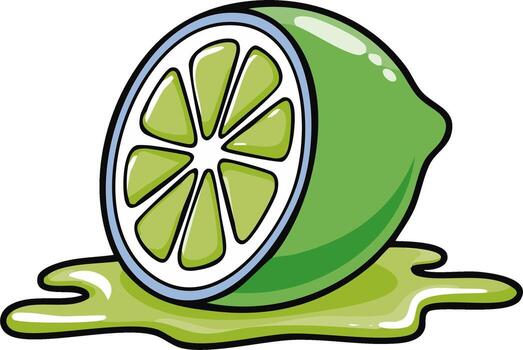 Cartoon Style Fresh Lime Slice Squeezed with Juice Flowing Out on a White Background vector