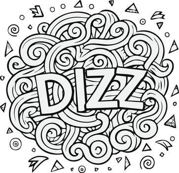 Artistic hand drawn word DIZZ surrounded by intricate abstract doodle patterns and swirling lines vector