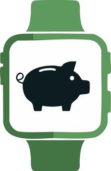 reloj inteligente mostrando un cerdito banco icono para ahorros administración y financiero aplicación en digital dispositivo vector