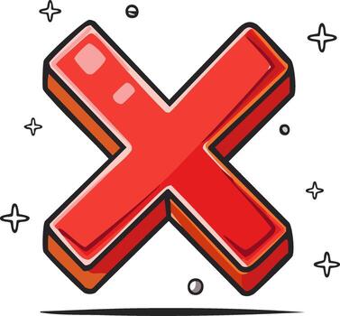 Red X mark icon. Cartoon design with stars and shadow. Symbol for error and negative vector