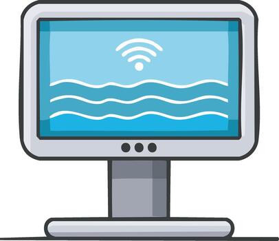 Digital computer monitor showing wireless internet connection and abstract data flow waves vector