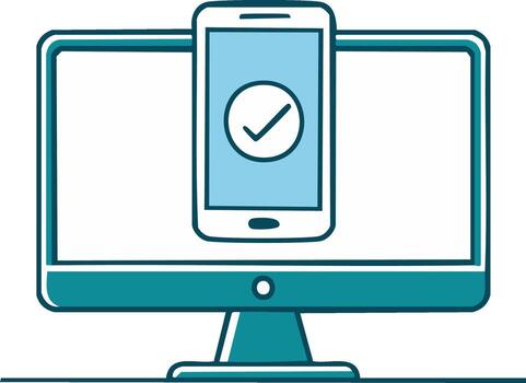 Desktop computer monitor showcasing a mobile phone screen with check mark icon demonstrating sync process digital illustration vector