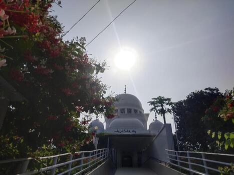 Sunlight shines brightly over a domed building with trees framing the view. A pathway leads towards the structure under a clear sky. photo