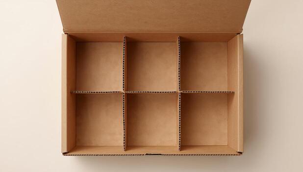 Empty Cardboard Box with Dividers, Abstract Storage Solution with Open Lid. photo