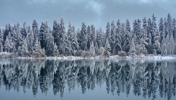 Serene Winter Reflection, Calm Water and Snowy Trees Creating Abstract Mirror Image. photo