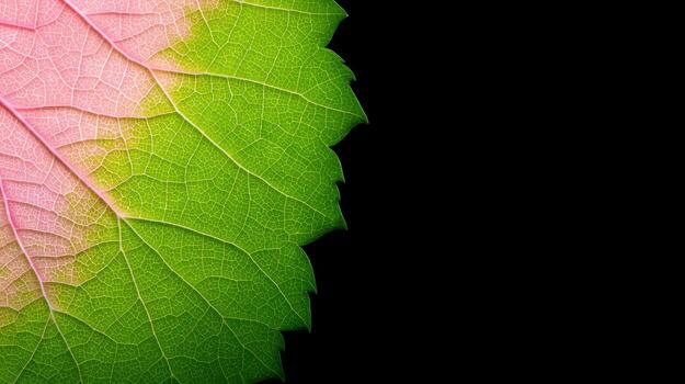Close Up of a Green and Pink Leaf with Dew Drops Illuminated by Soft Natural Light photo