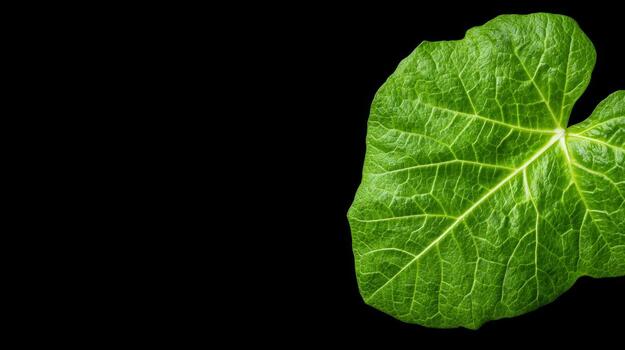 Close-Up of a Fresh Green Leaf with Veins Highlighted by Soft Natural Light on a Dark Background photo