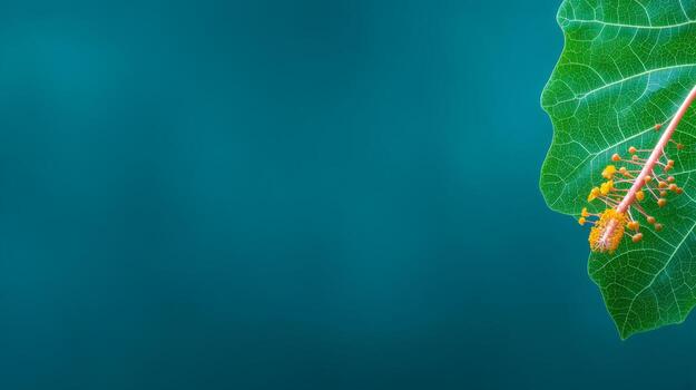 Close-Up Of A Green Leaf With Water Droplets Against A Soft Turquoise Background photo