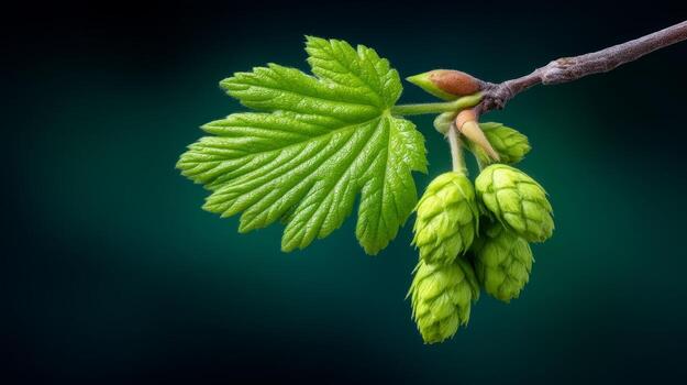 Close-Up of Fresh Green Plants and Leaves on a Branch with Water Droplets in a Dark Background photo