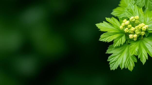Close Up Of Green Leaves With Delicate Flower Buds Against A Soft Blurred Background photo