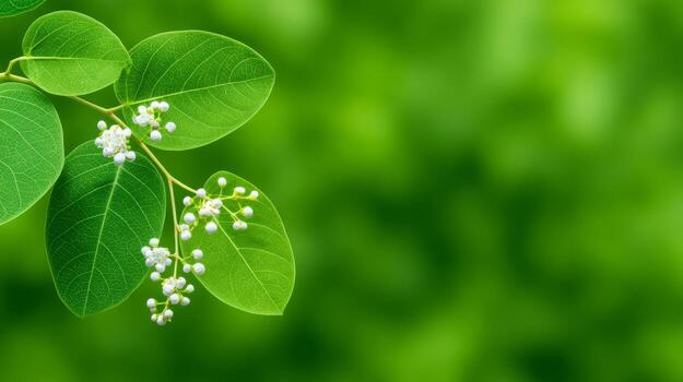 Close-Up View Of Fresh Green Leaves With Tiny White Flowers On A Blurred Green Background photo