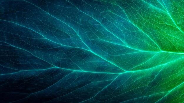 Illuminated Leaf Veins Exhibiting Blue and Green Color Gradient photo