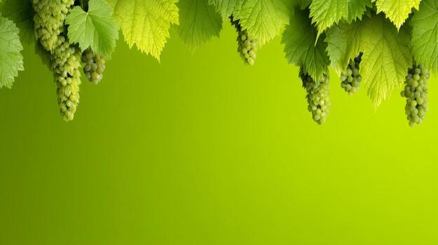 Lush Green Grape Vines Hanging Against a Bright Green Background photo