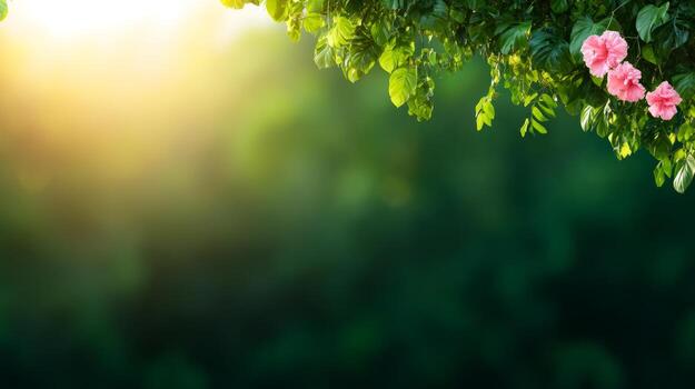Sunlight Filtering Through Leaves With Pink Flowers Against A Green Background photo