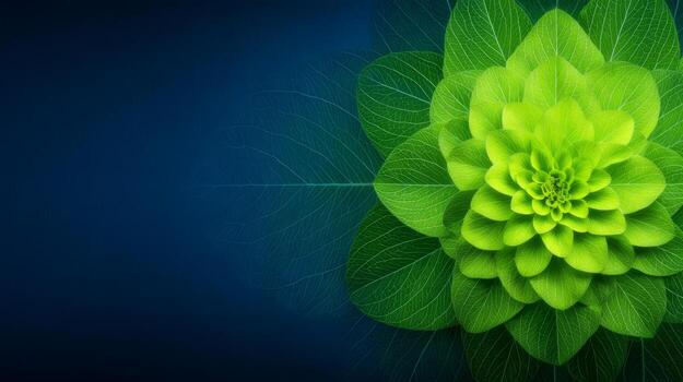 Vibrant Green Flower Abstract Design on a Deep Blue Background with Light Particles photo