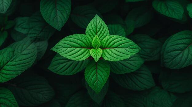 Vibrant Green Leaves with Textured Patterns in Natural Light Against a Dark Background photo