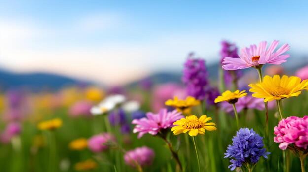 A vibrant meadow bursting with colorful flowers, with a soft focus on the foreground blossoms against a backdrop of distant mountains and a clear blue sky. photo
