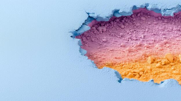 A vibrant, textured hole reveals a gradient of pastel colors, a unique and eye-catching color combination, in a surface with a cracked texture. photo