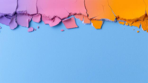 A vibrant display of fragmented, multicolored powder, cascading in shades of pink and orange, against a backdrop of a cool, muted blue. photo