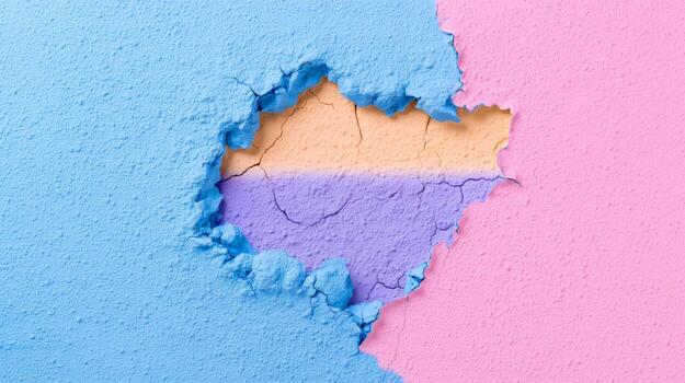 A vibrant, colorful, and textured design featuring a hole revealing a pastel color palette of light peach, light purple, and light pink, with cracked edges and a textured surface. photo