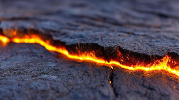 Molten rock flowing beneath a dark surface. photo