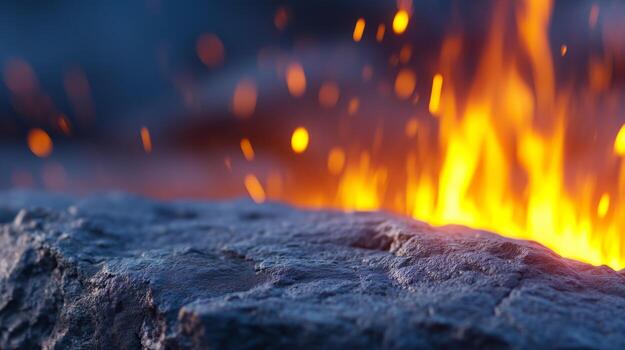 Close-up of dark stone surface with fiery flames in the background. photo
