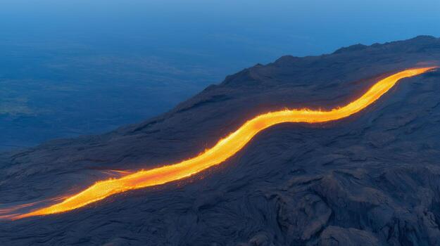 Molten lava flows down a volcanic slope at twilight. photo