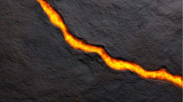 Molten rock flowing through a fissure in dark stone. photo