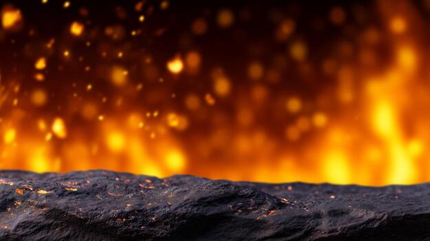 Dark stone surface against a backdrop of blazing fire. photo